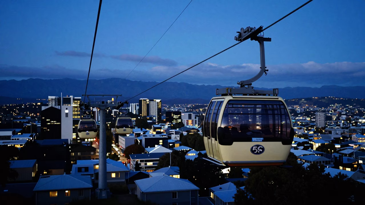 Christchurch Tramway Cable Car Over City at Blue Hour After Sunset in in Christchurch, New Zealand