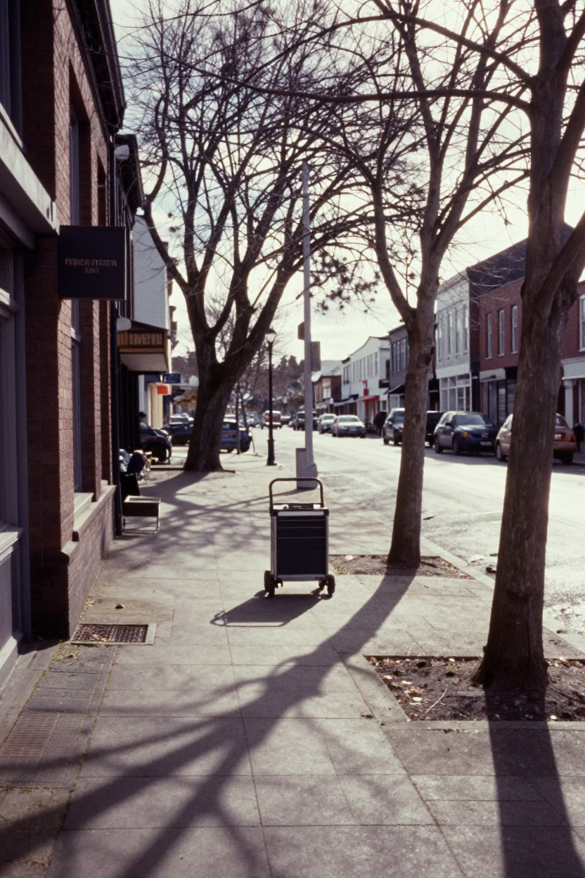 Christchurch winter noon street scene with tool caddy and porcelain dish in in Christchurch, New Zealand
