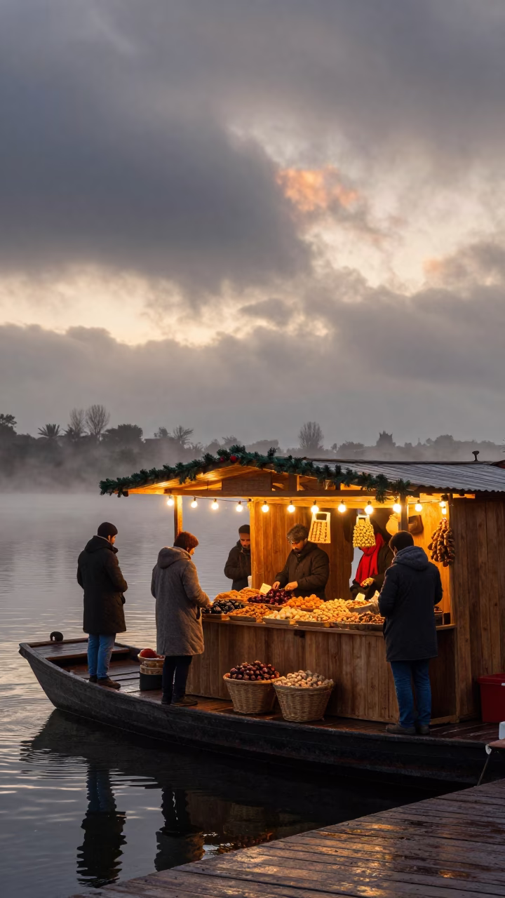 Christmas Market Stall on Floating Boat in Tiaret in at a floating market boat in Tiaret