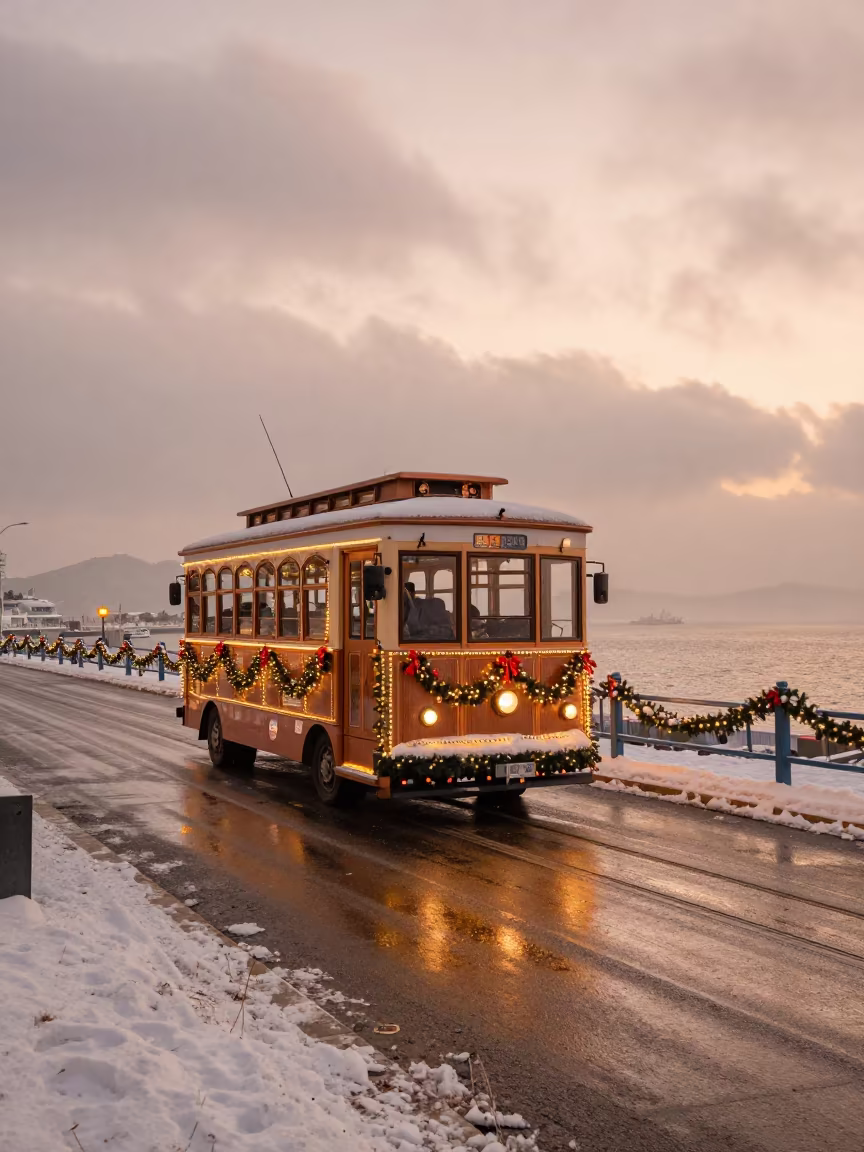 Christmas Tram in Daegu Harbor Snow in beside a fogbound harbor mouth near Daegu