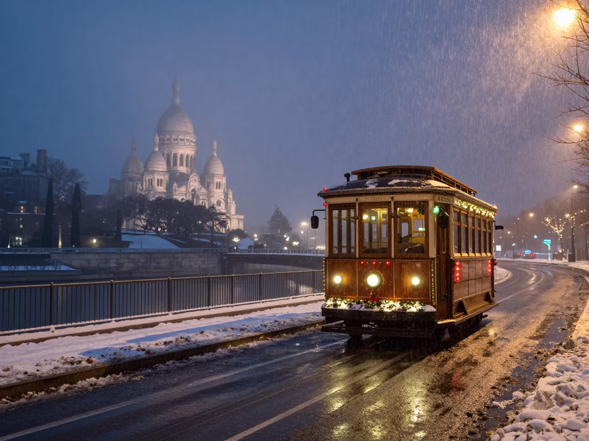 Christmas Tram in Monsoon Fog Near Paris Harbor in beside a fogbound harbor mouth near Montmartre, Paris