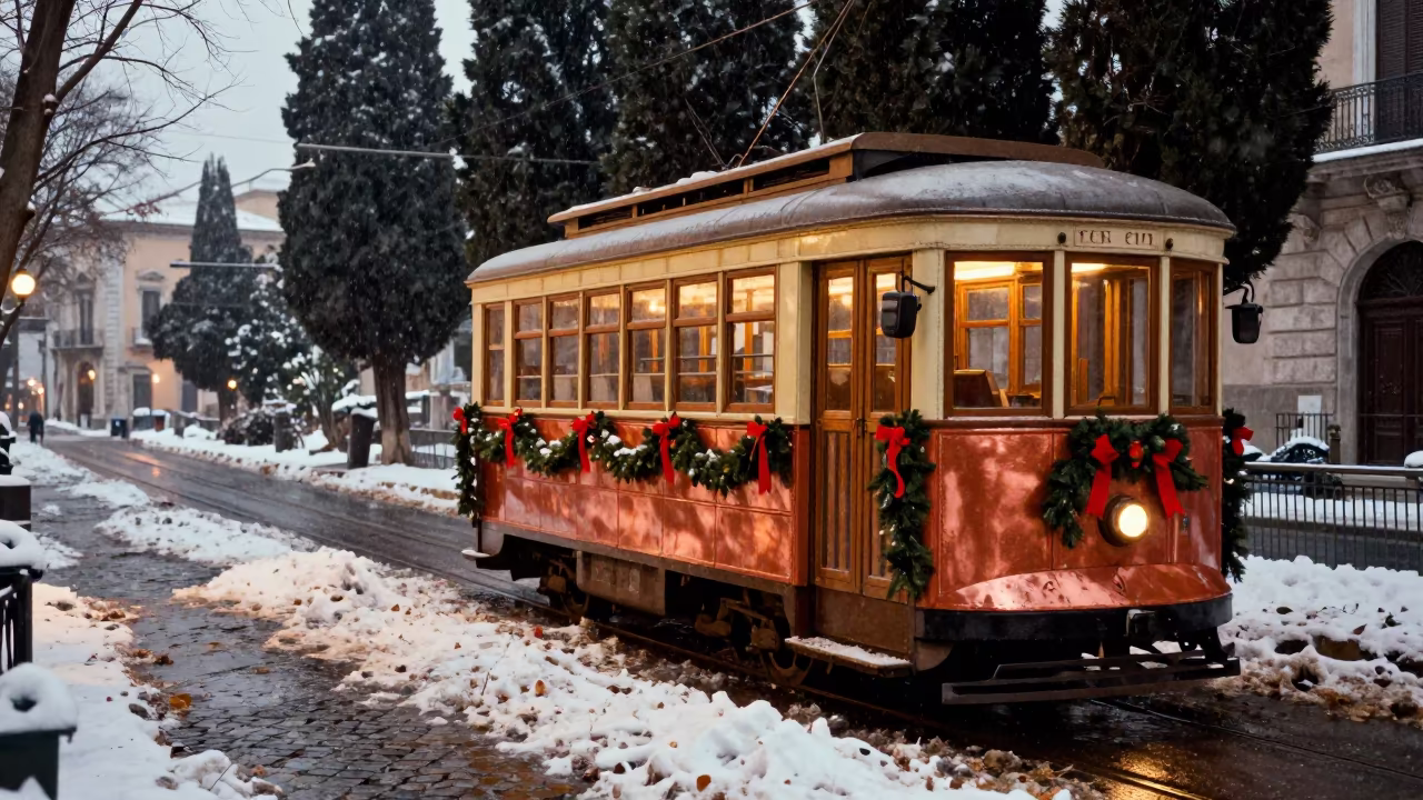 Christmas Tram in Sicily Golden Hour Snow in in Sicily