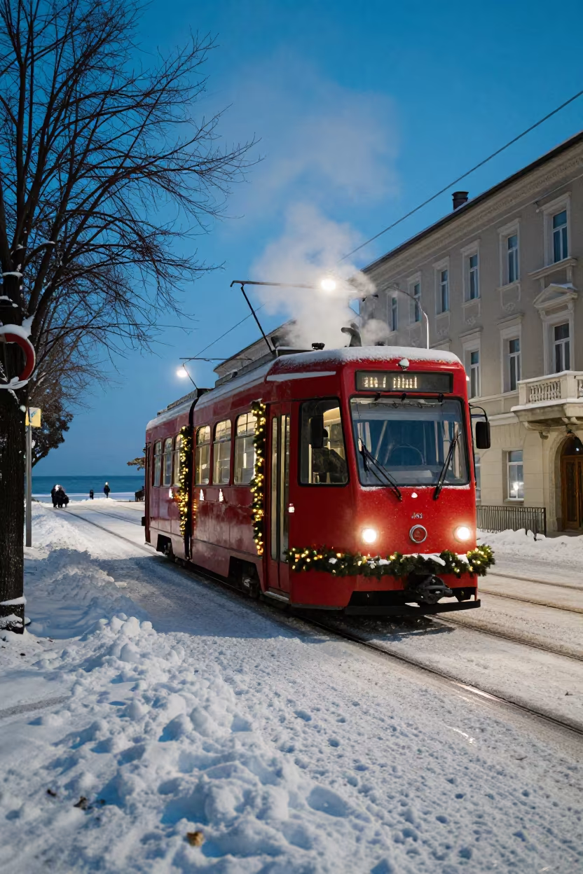 Christmas Tram in Snowy Slovenian Avenue in in Slovenia