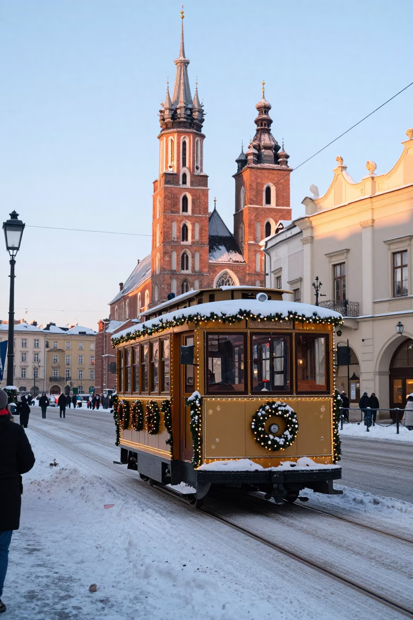 Christmas Tramcar Decorated with Lights on Snowy Avenue in Krakow Poland in in Krakow, Poland