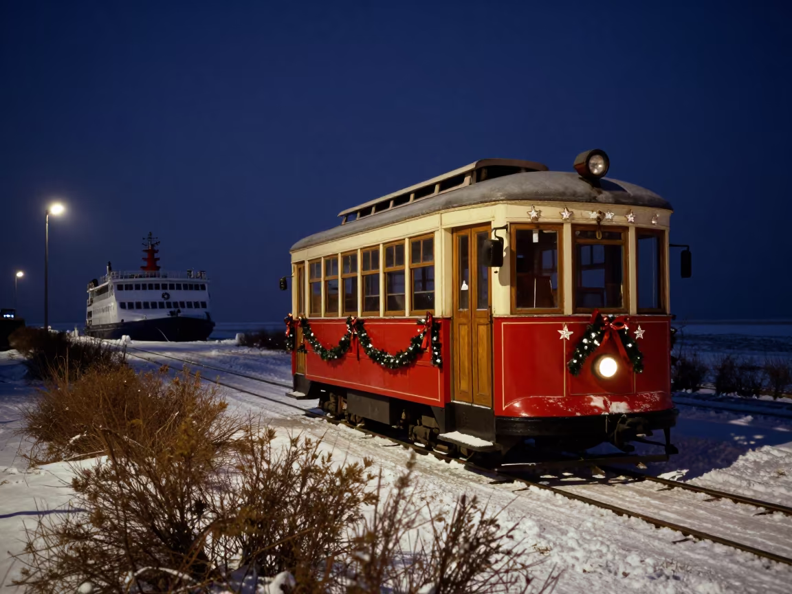Christmas Tramcar Midnight Ferry Crossing Snow in across a remote ferry crossing in Turkmenistan