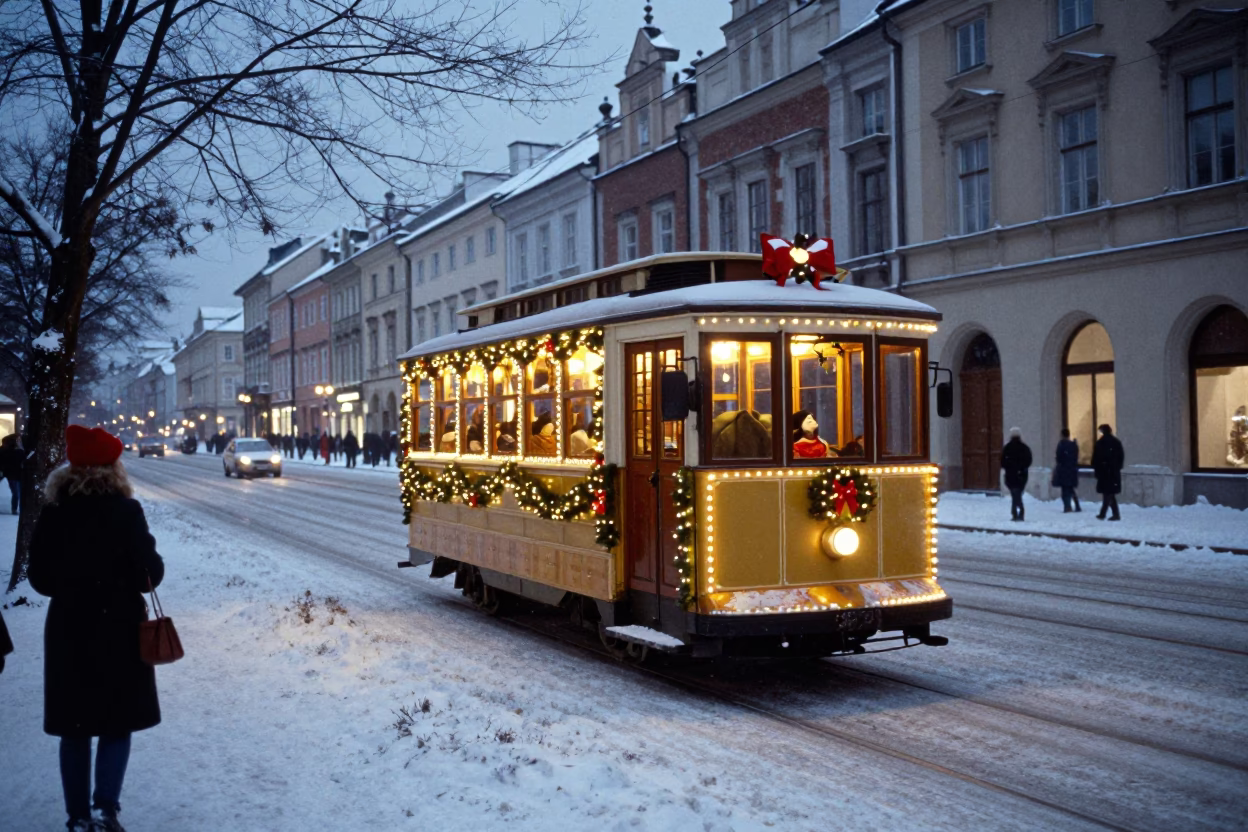 Christmas Tramcar on Snowy Avenue in Krakow Poland at Dusk in in Krakow, Poland
