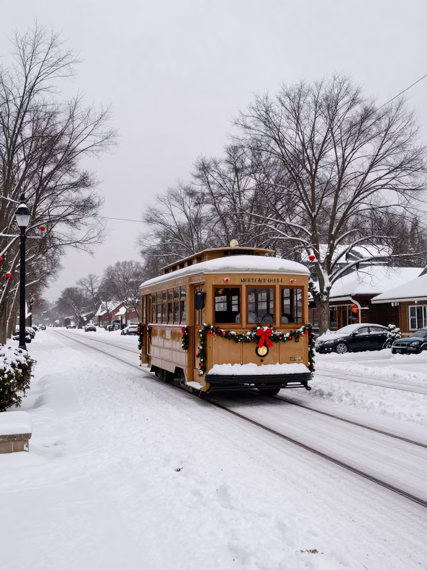 Christmas Tramcar on Snowy Kentucky Avenue in in Kentucky