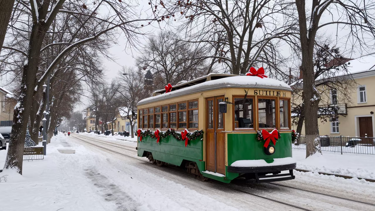 Christmas Tramcar Snowy Romanian Avenue Noon in across a remote ferry crossing in Romania
