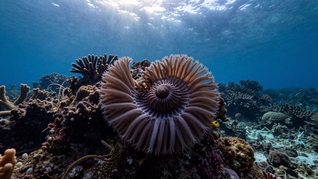 Christmas Tree Worm Spiral on Reef Ledge Stone Town in beneath a reef ledge in tropical shallows near Stone Town