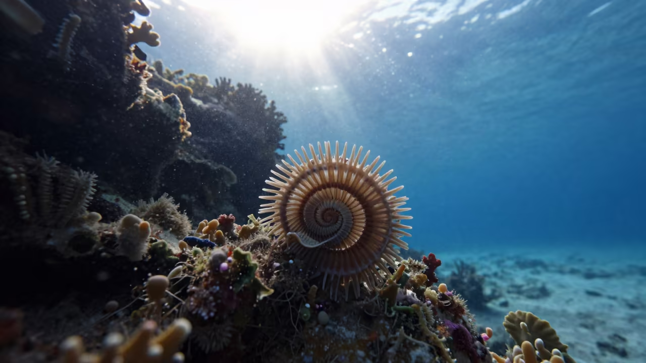 Christmas Tree Worm Spiraling on Zanzibar Coral in beside a reef crevice under clear water near Zanzibar