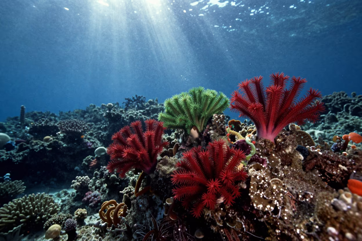 Christmas Tree Worms on Coral Reef Belize in beside a volcanic reef overhang near Belize City