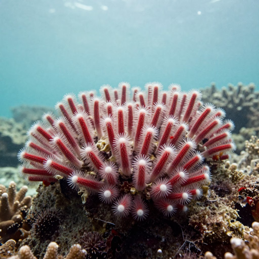 Christmas Tree Worms on Coral in Tropical Shallows in beneath a reef ledge in tropical shallows near Stone Town