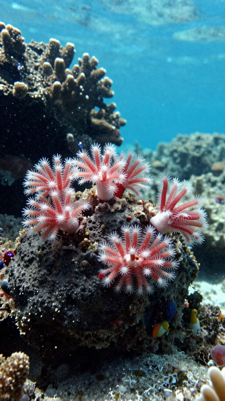 Christmas Tree Worms on Volcanic Reef Under Stone Town in beside a volcanic reef overhang near Stone Town