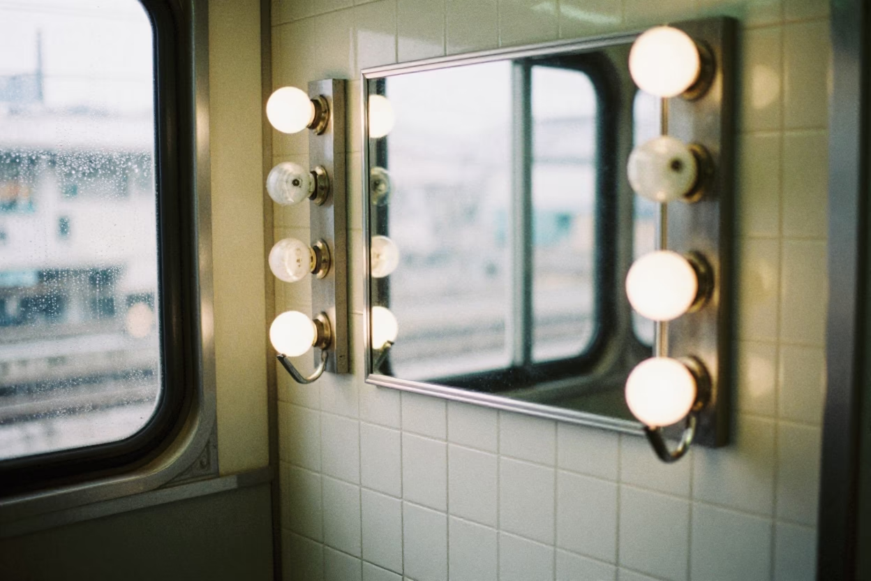Chrome Cape Hook Rail at Nagoya Barber Station in at a barber station beneath mirror bulbs in Nagoya