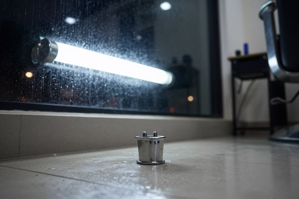 Chrome Cup on Wet Salon Floor at Night in inside a salon row near Chittagong