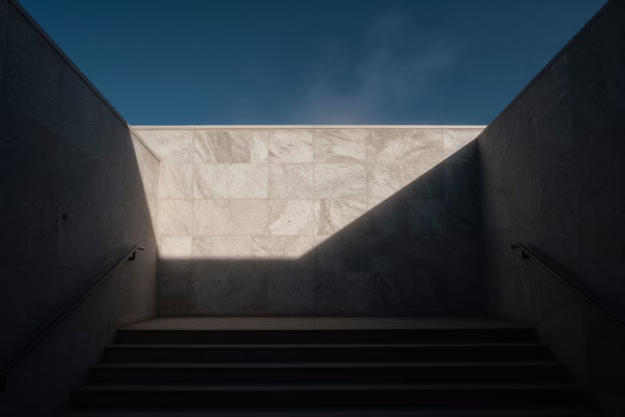 Chrome Fog in Houston Stair Hall Night Glow in inside a tiled stair hall in Houston