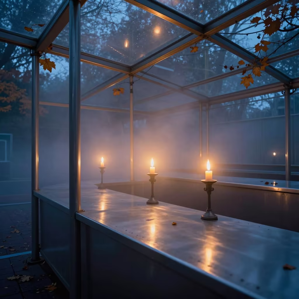 Chrome and Fog in Twilight Glass Arcade in inside a glass-roofed arcade near Wenzhou