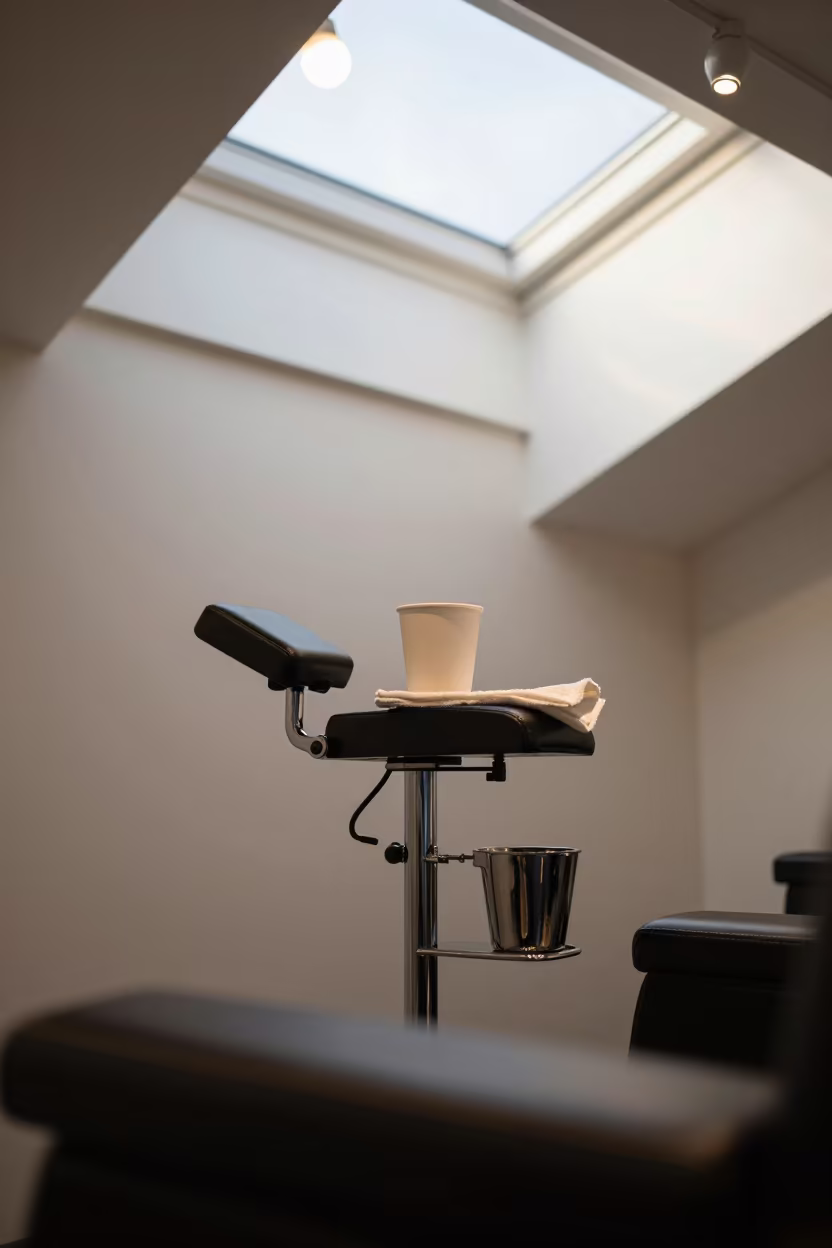 Chrome Footrest and Paper Cup at Barber Station in at a barber station beneath mirror bulbs in St Johns
