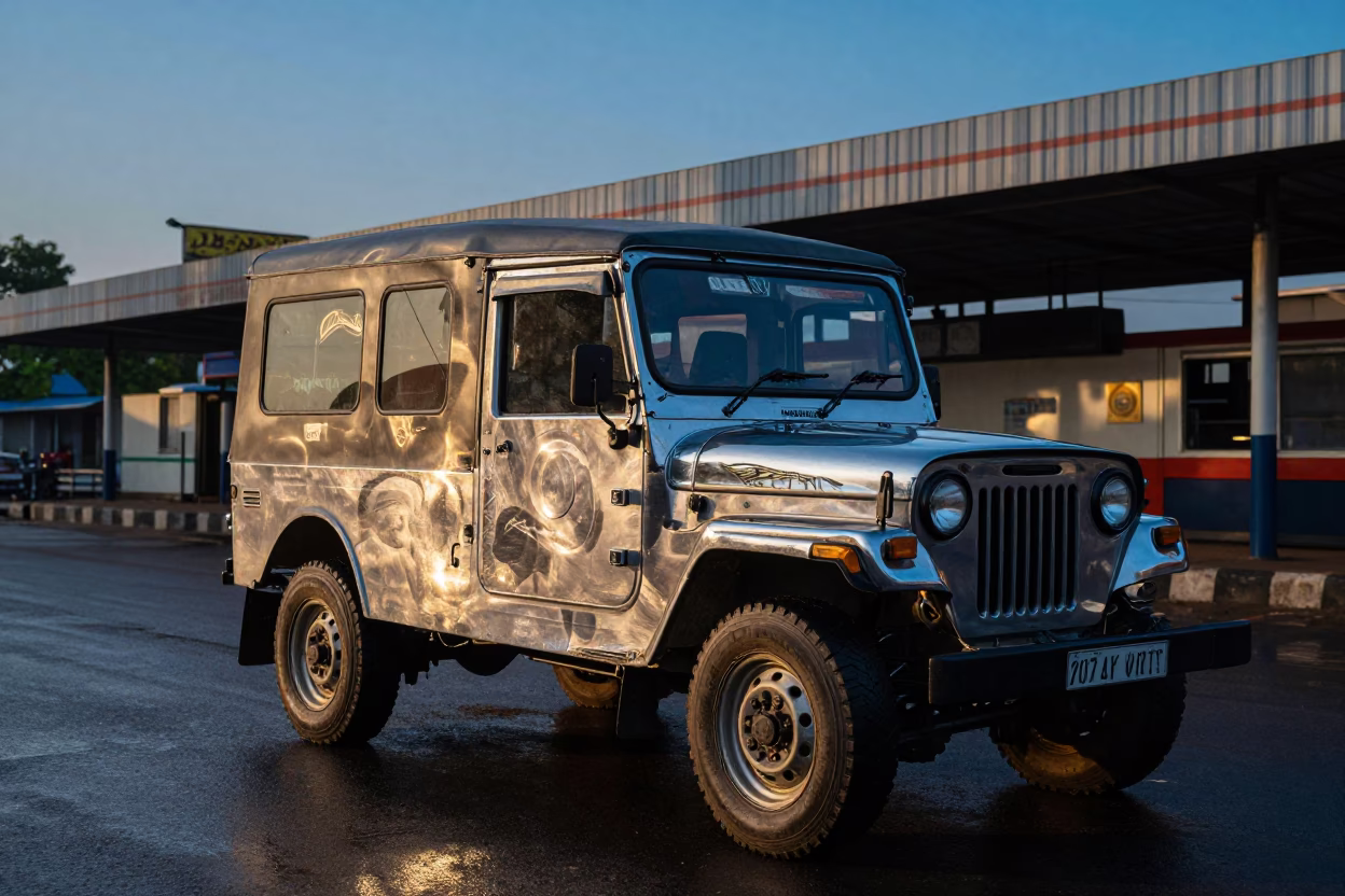 Chrome Jeepney Leaving Station at Blue Hour in in Maharashtra