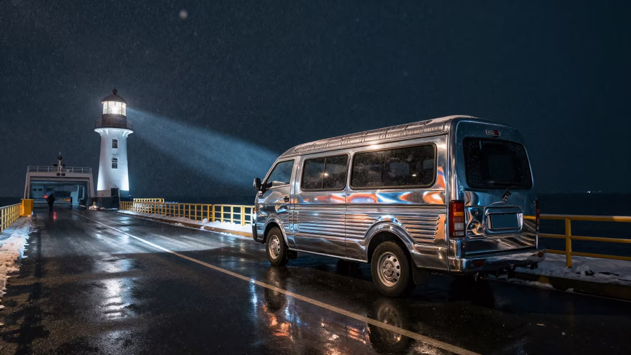 Chrome Jeepney at Night Ferry Crossing Hebei in across a remote ferry crossing in Hebei