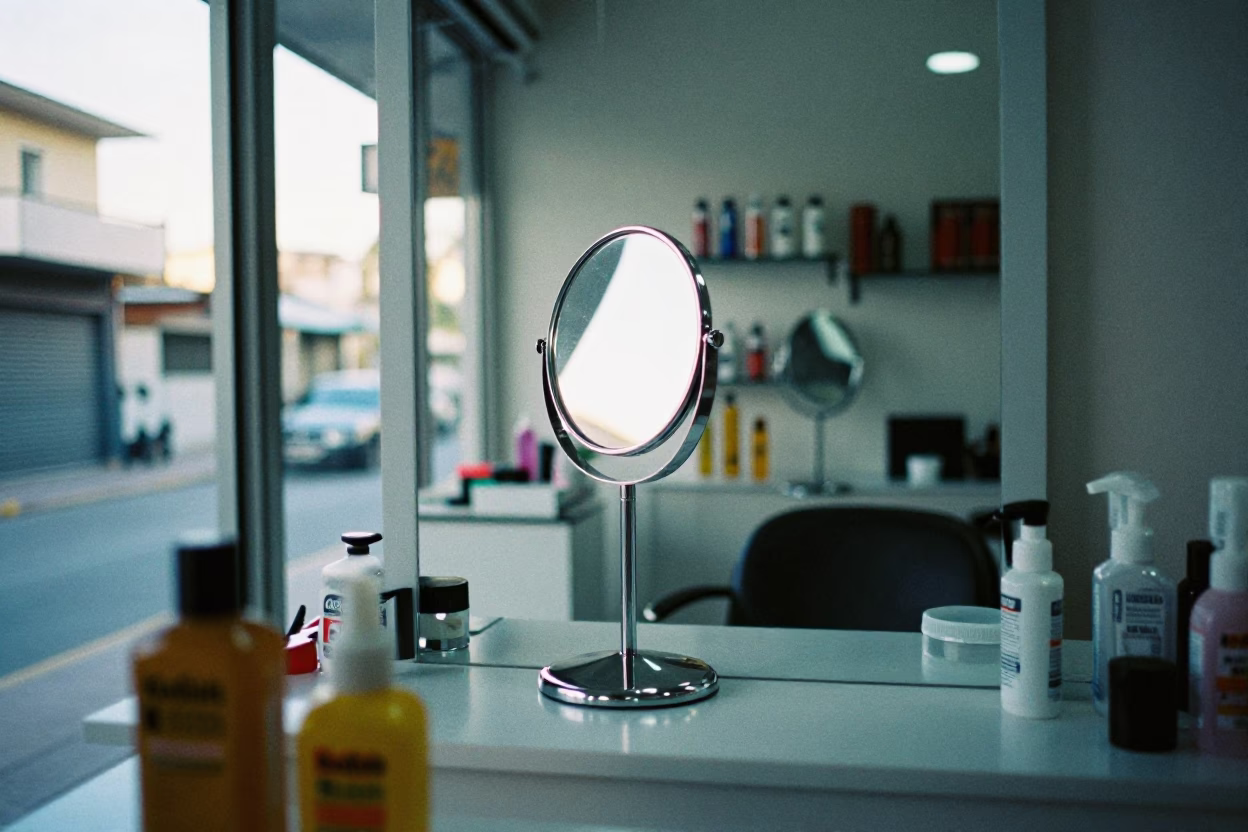 Chrome Lash Fan Stand in Maracaibo Salon Window in inside a salon row near Maracaibo