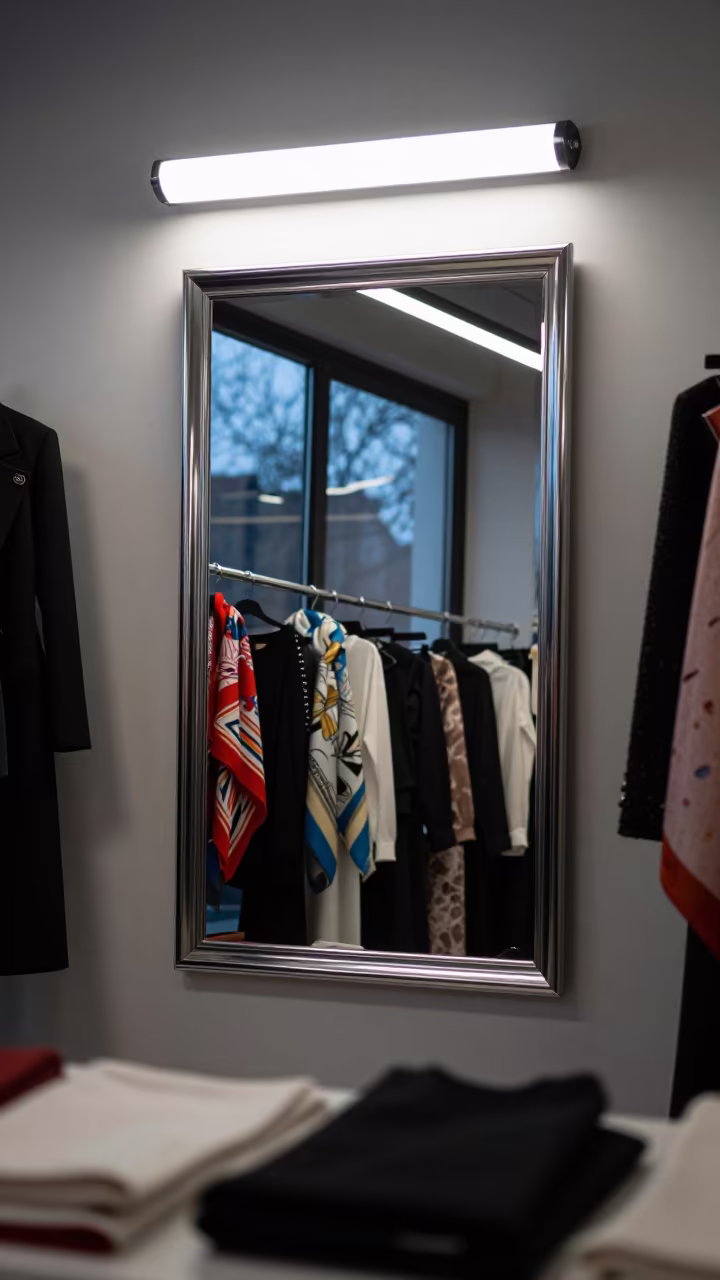 Chrome Mirror and Scarves in Sumbe Atelier in inside a couture atelier near Sumbe