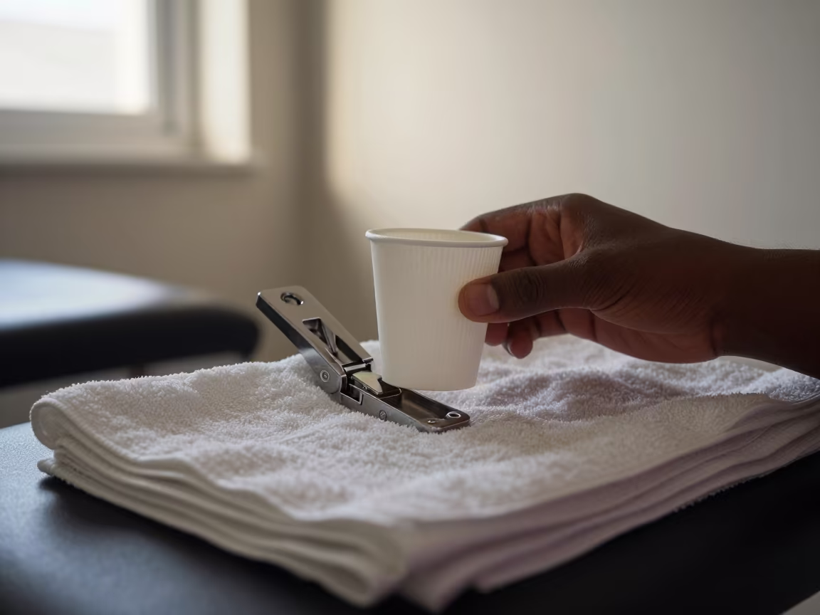 Chrome Pedicure Footrest Hinge Cup in Dawn Light in inside a skincare treatment room in Bouake