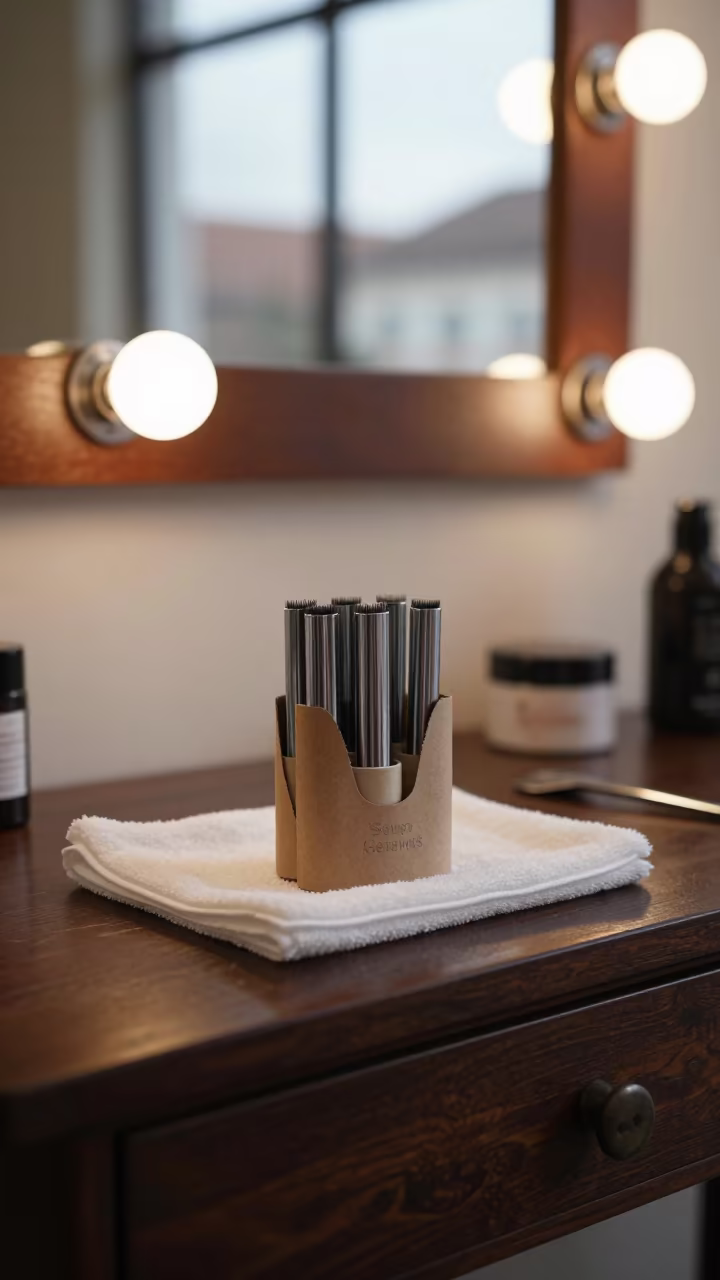 Chrome Perm Rod Tin on Linz Barber Station in at a barber station beneath mirror bulbs near Linz