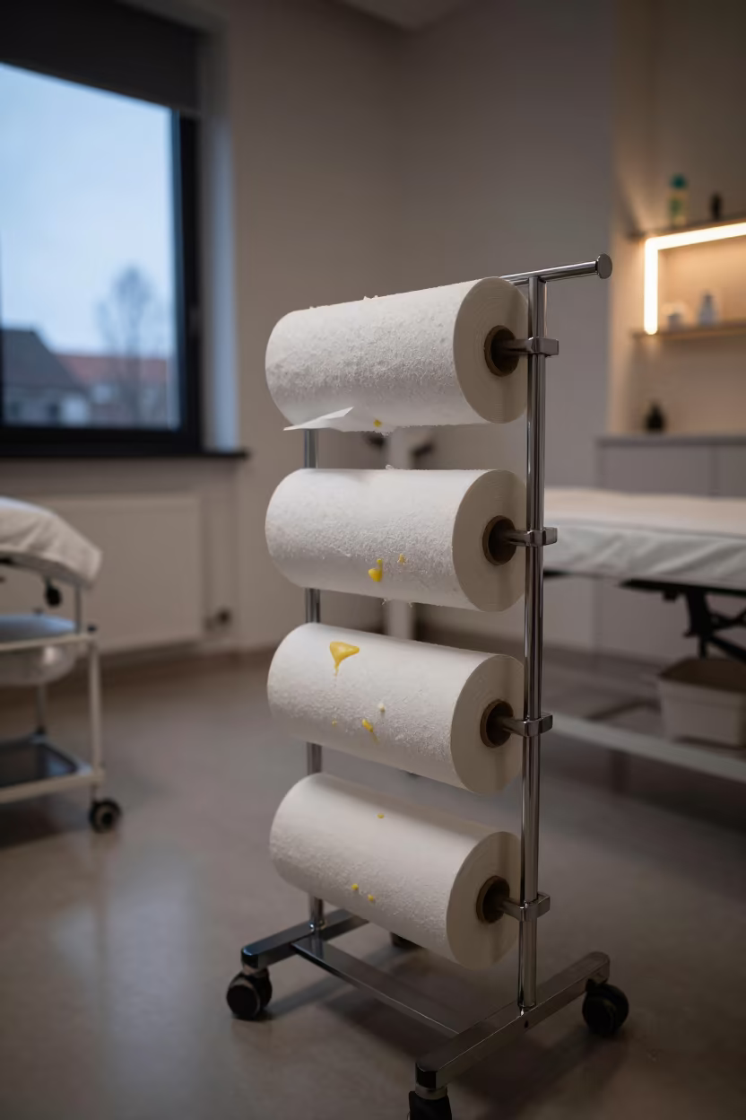 Chrome Rack With Wax Residue Under Neon Light in inside a skincare treatment room near Zagreb