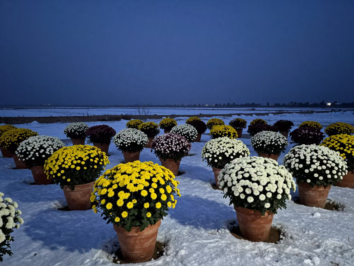 Chrysanthemum Pots in Snowy Twilight Near Raqqa in beneath a hard winter sky over snowfields near Raqqa