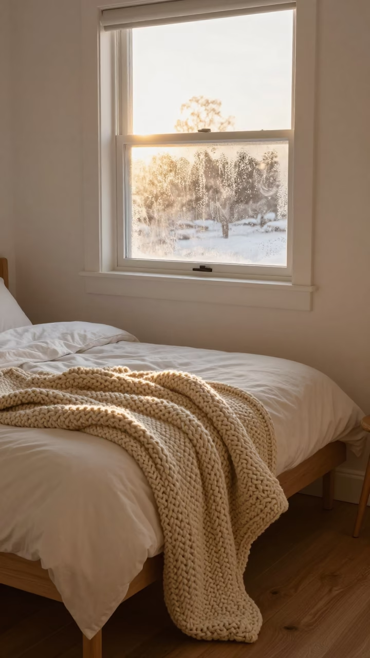 Chunky Knit Blanket on Unmade Bed in Winter Light in in a breakfast nook near Wollongong