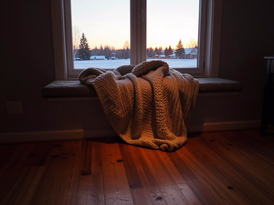 Chunky Knit Blanket on Winter Window Seat Sunset in on a window seat in Edmonton