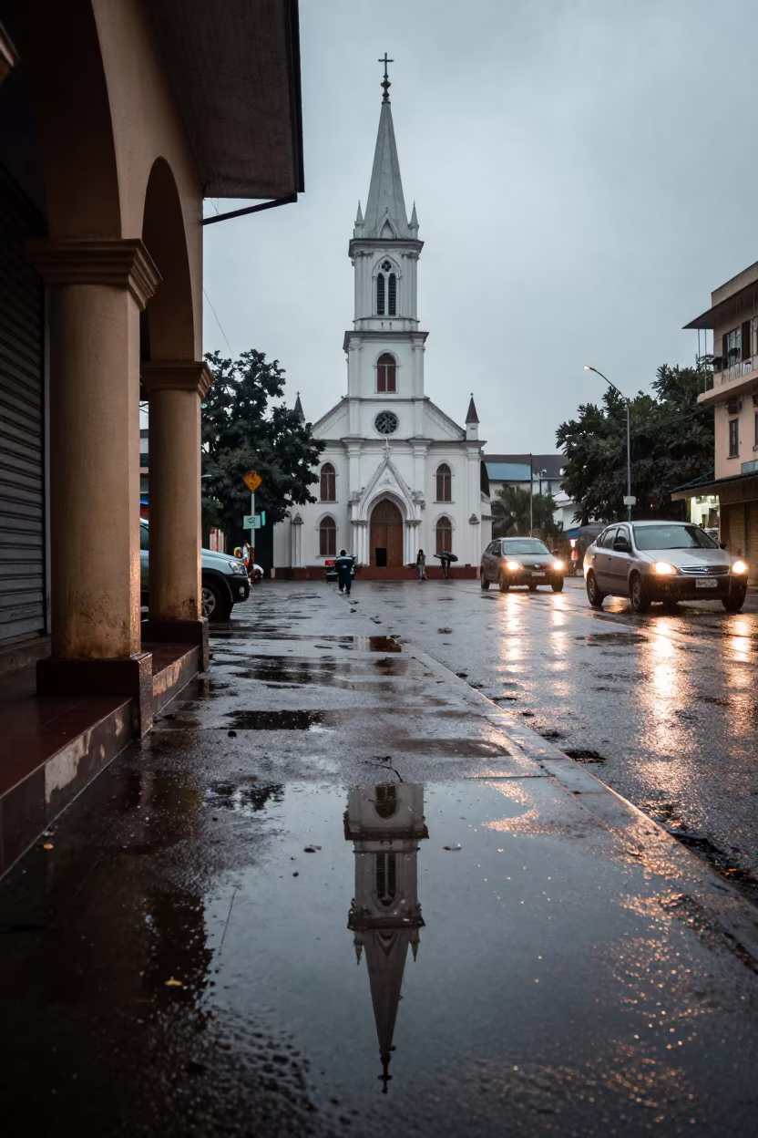Church Steeple Reflection in Ghazipur Rain in along a shuttered arcade in Ghazipur