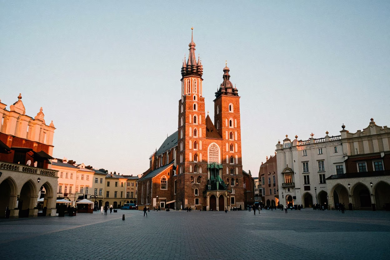 Church Tower in Krakow at As First Light Reaches The Scene in in Krakow, Poland