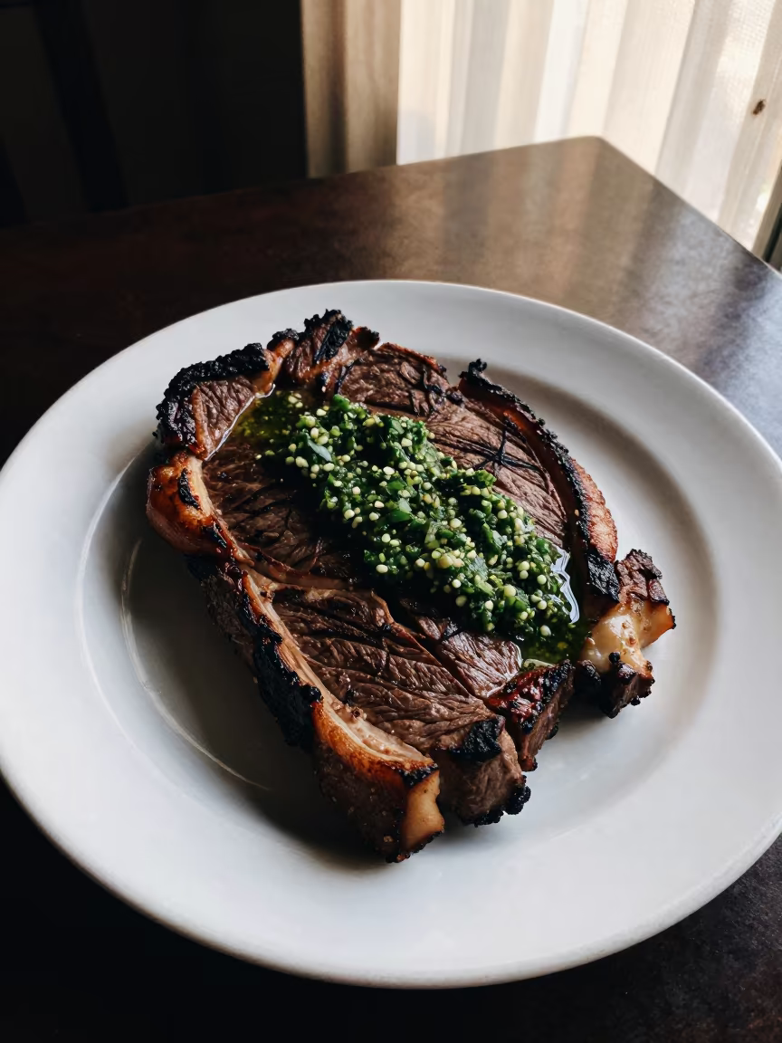 Churrasco Plate with Chimichurri in Bucaramanga in on a ceramic plate by a window in Bucaramanga