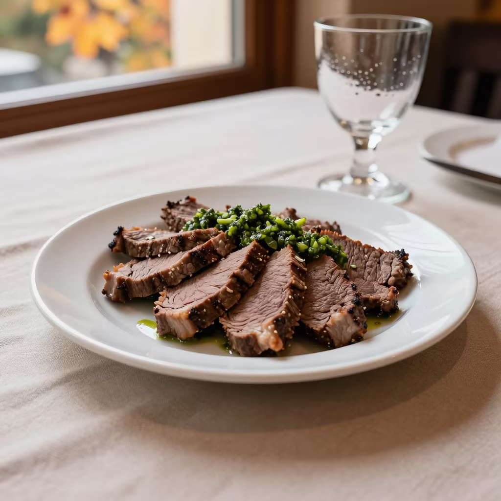 Churrasco with Chimichurri on Linen in Akhisar in on a linen-covered restaurant table in Akhisar