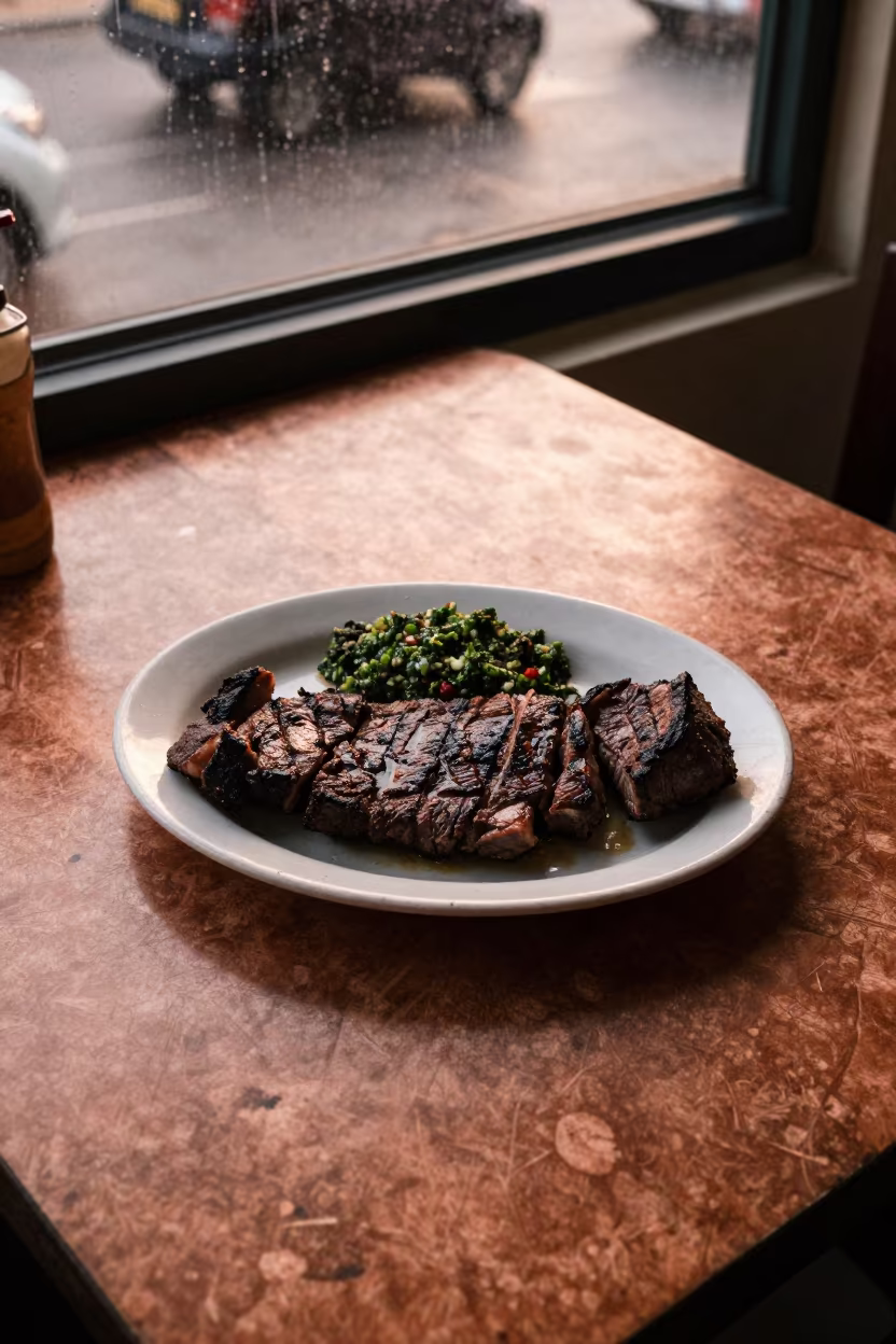 Churrasco Plate with Chimichurri at Luanda Diner in at a roadside diner table in Luanda