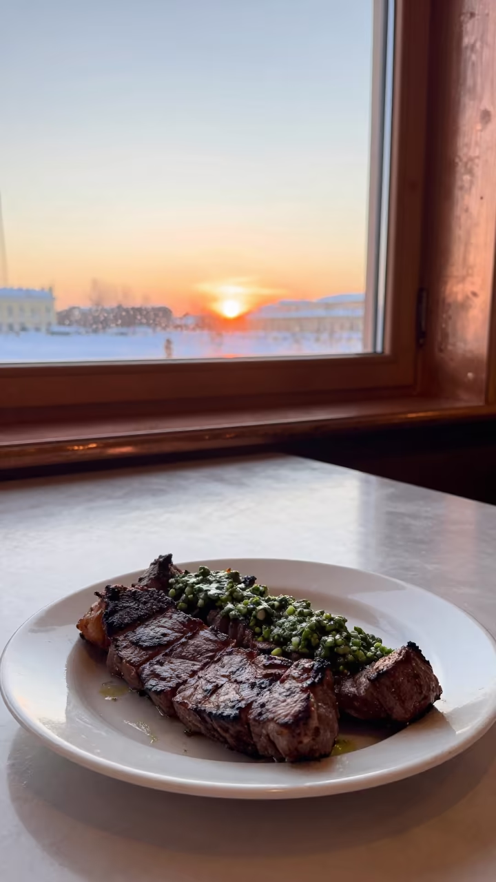 Churrasco Plate With Chimichurri Diner Table in at a roadside diner table in St Petersburg