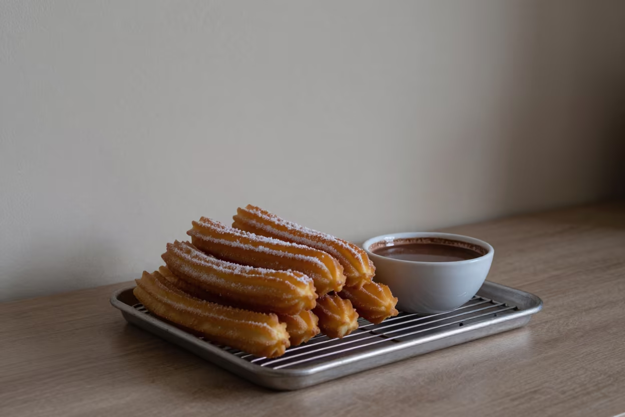 Churros and Chocolate on Bakery Rack in Ndjamena in on a bakery cooling rack in Ndjamena
