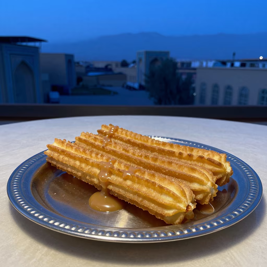 Churros and Dulce De Leche on Kabul Tea Tray in on a tea house tray in Kabul