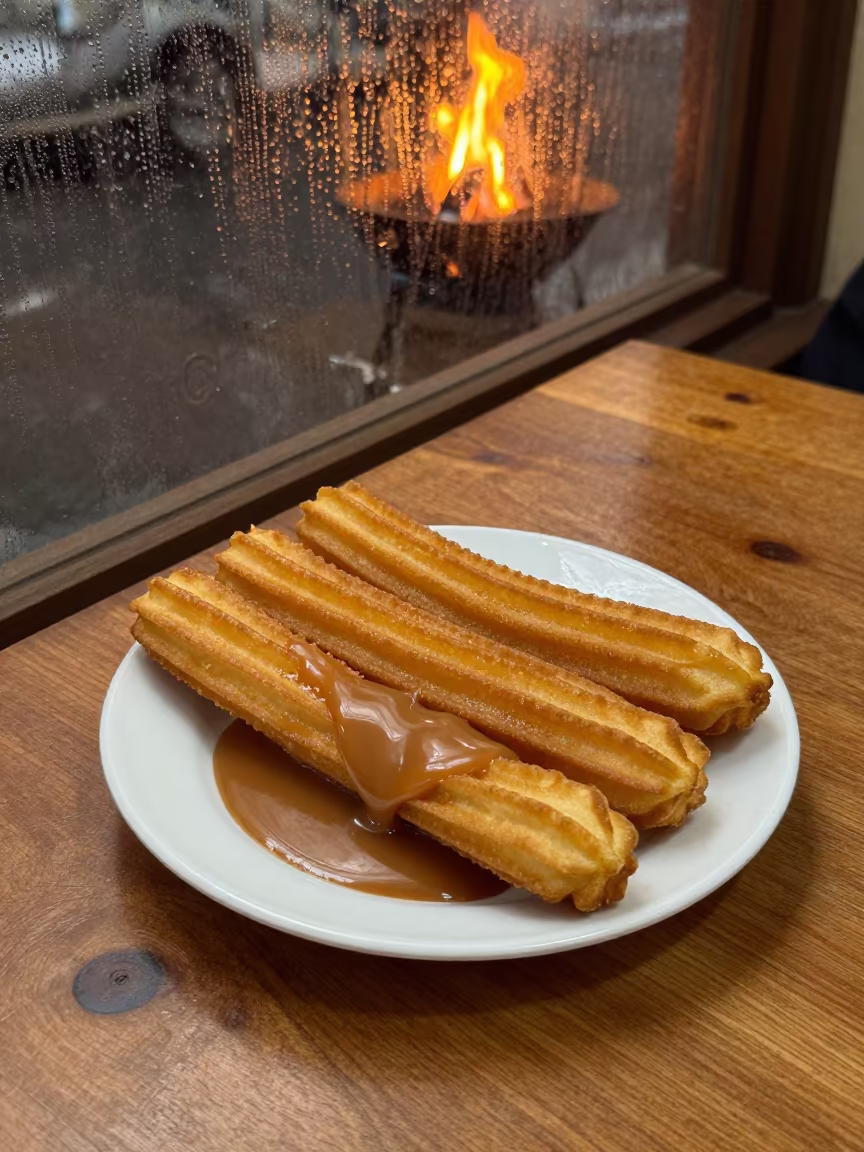 Churros with Dulce De Leche Midnight Nairobi in at a roadside diner table in Karura Forest, Nairobi