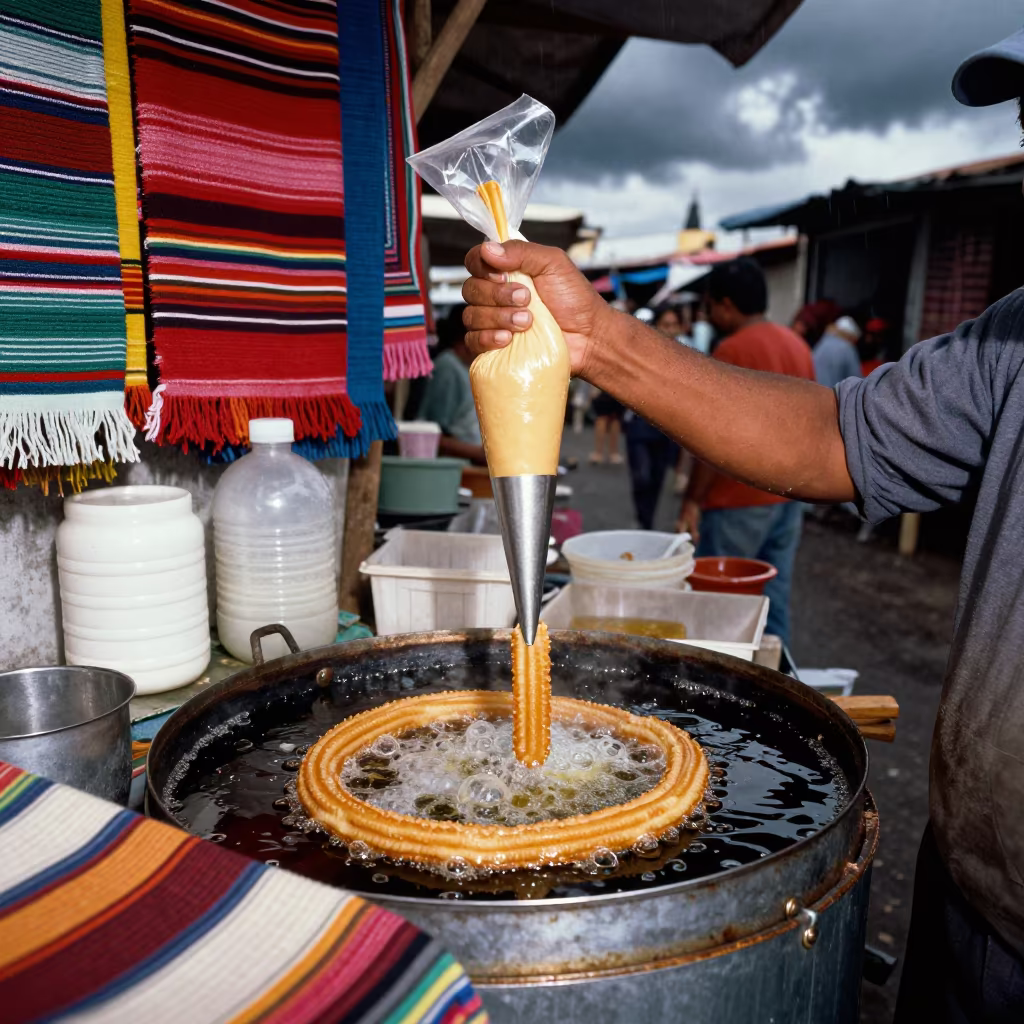 Churros Vendor Piping Dough in Cabo Market in at a textile trader's stall in Cabo San Lucas