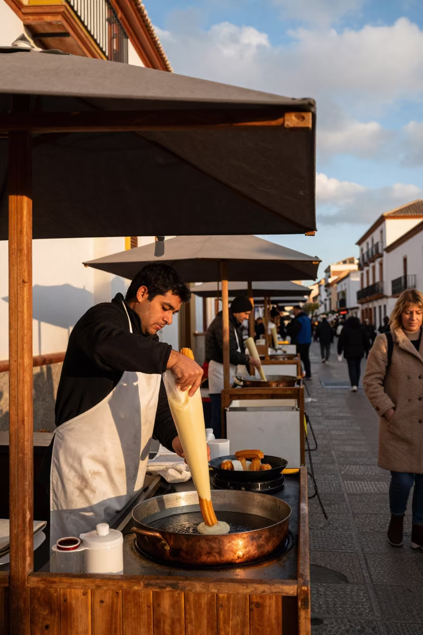 Churros Vendor Piping Dough in Getafe Market in under a market canopy in Getafe