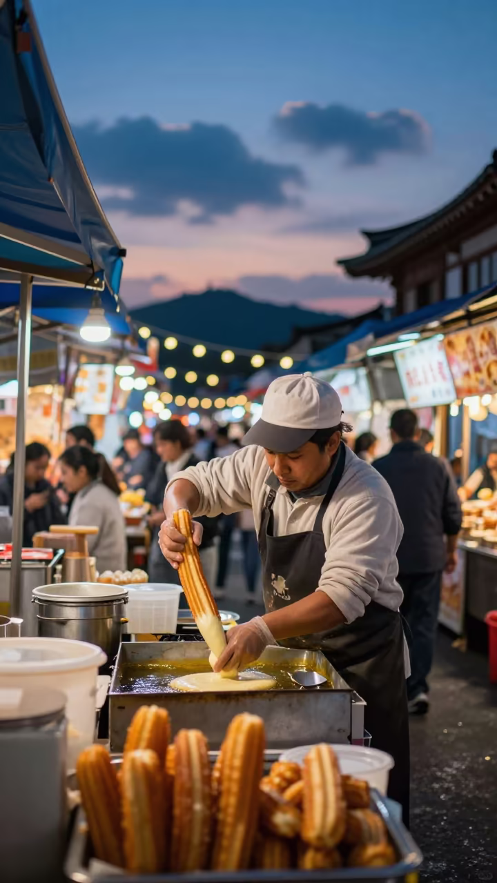 Churros Vendor Piping Dough in Gwangju Market in under a market canopy in Gwangju