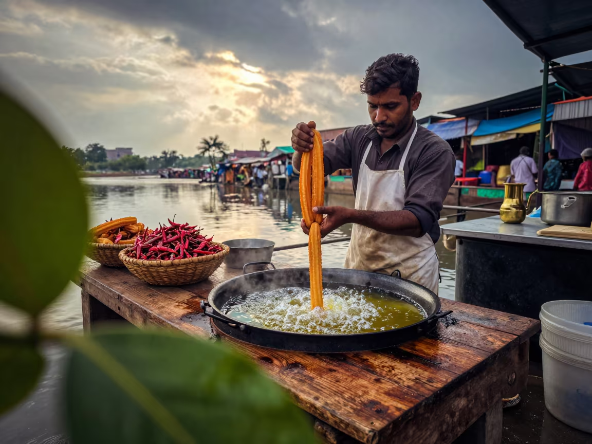 Churros Vendor Piping Dough at Multan Market in at a flower auction bench in Multan