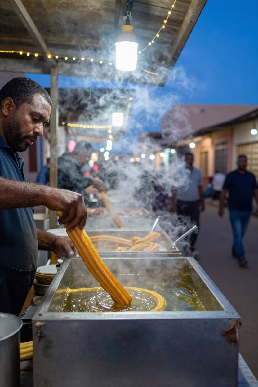 Churros Vendor Piping Dough in Ndjamena Market in in a covered bazaar aisle in Ndjamena