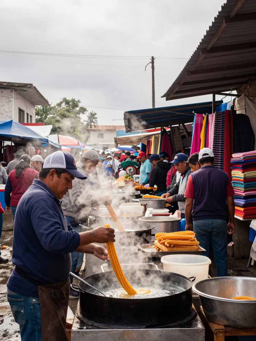 Churros Vendor Piping Dough in Spanish Market in at a textile trader's stall in Pedro Juan Caballero