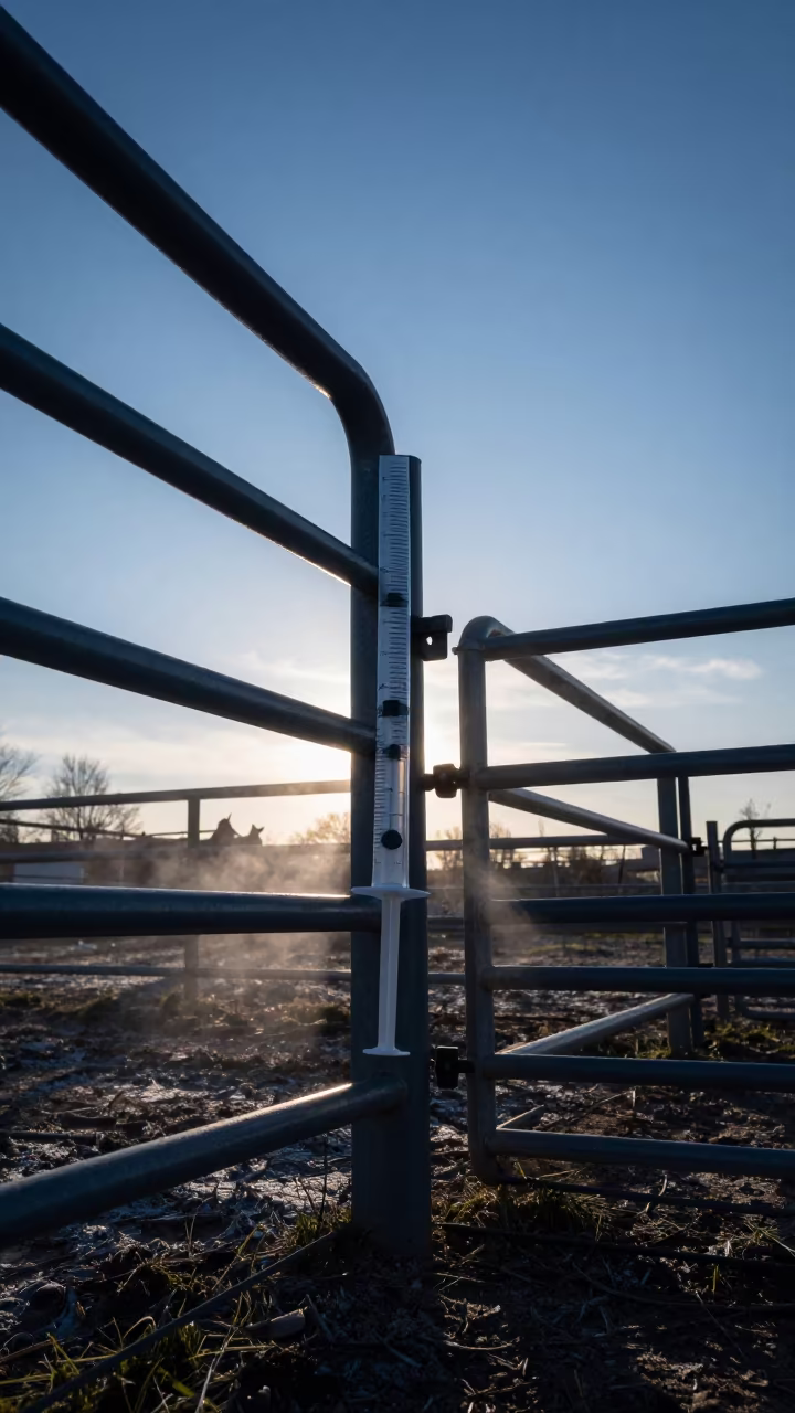 Silhouette of Chute Syringe Magnet Strip in Danish Corral in inside a ranch corral in Denmark