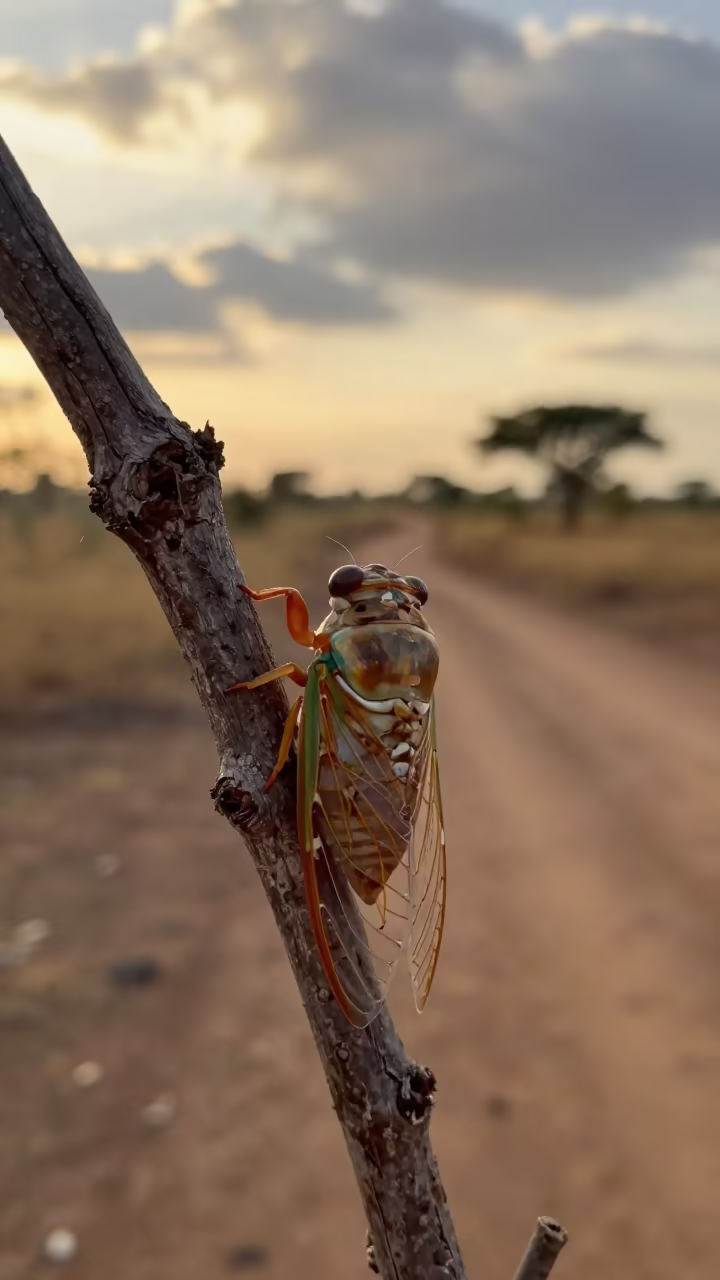 Cicada Emerging Shell Golden Hour Burkina Faso in along a game trail in Burkina Faso