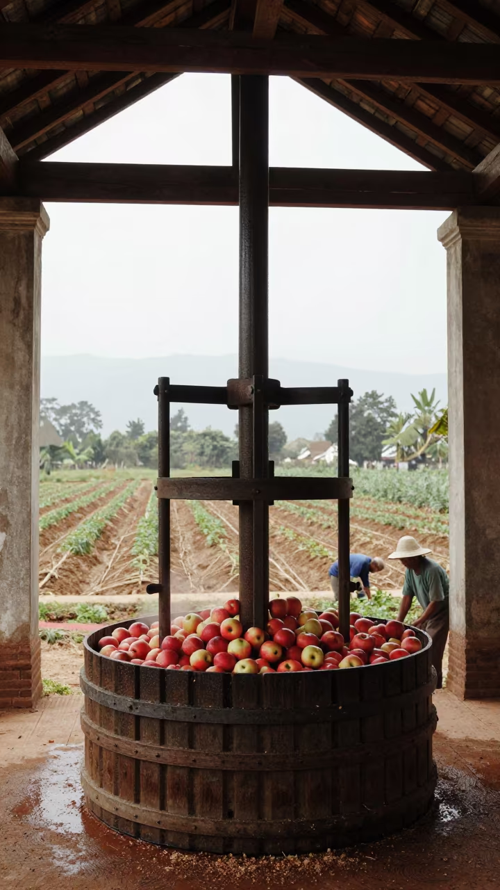 Cider Press Crushing Apples in Stone Barn Laos in along freshly irrigated rows in Laos
